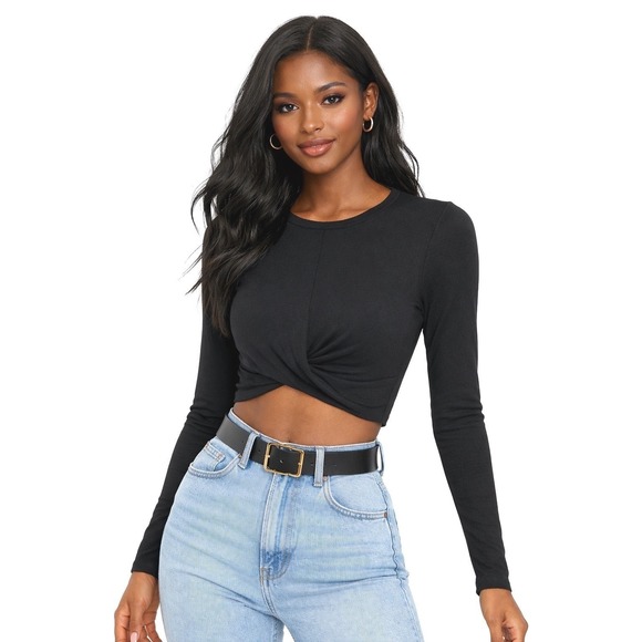 Zara Tops - Zara Black Ribbed Twist Front Crop Top Long Sleeve Crew Neck S Preppy 101-15